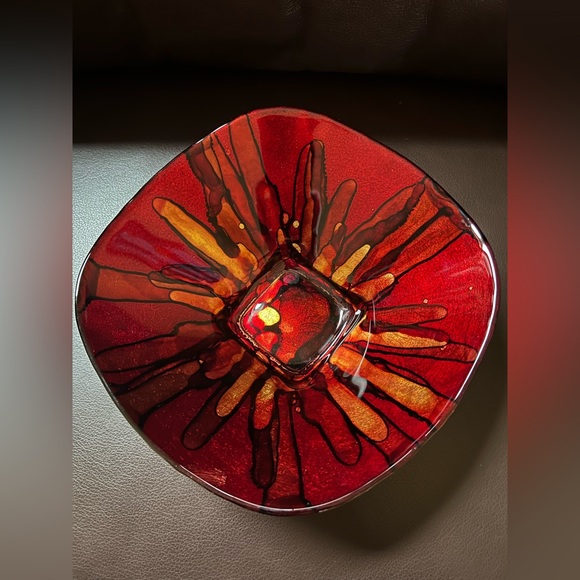 Pier 1 Decorative Glass Bowl Abstract Design in Dark Red and Gold - Picture 2 of 12